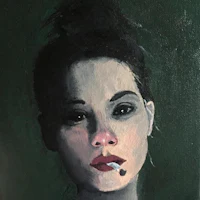 a painting of a woman smoking a cigarette