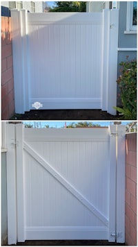 two pictures of a white gate with a gate opener