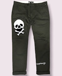 a pair of green pants with a skull and crossbones on them