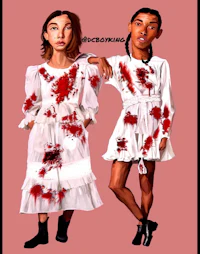 two girls in white dresses with blood on their faces