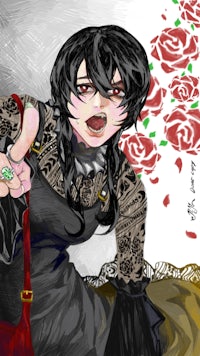 a drawing of a girl with black hair and roses