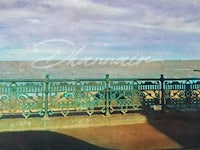 a painting of a railing with a view of the ocean