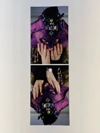 two pictures of a woman holding a purple handbag