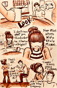 a drawing of a woman and a man in a coffee shop