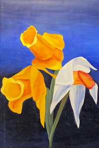 a painting of three daffodils on a blue background