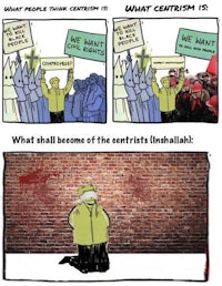 a cartoon of a man holding a sign and a cartoon of a woman holding a sign