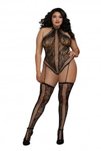 a woman wearing a black lace bodystocking and stockings