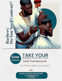 a flyer for a barbershop with a picture of a man and a woman