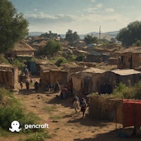 a village with shacks in the middle of a dirt road