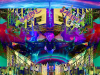 an abstract painting of a city with colorful buildings