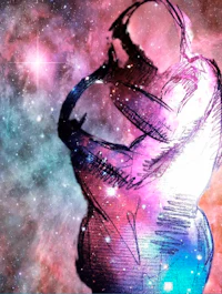 a drawing of a man hugging a woman in space