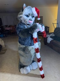 a mascot dressed as a santa claus is holding a candy cane