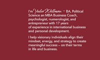 a red background with the words yvonne dolman bp political science an mba business coach, psychologist, mb