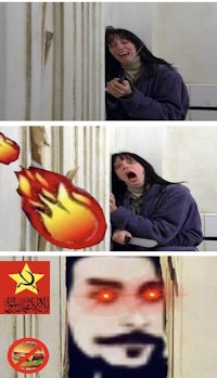 a series of pictures of a woman with a fire in her face