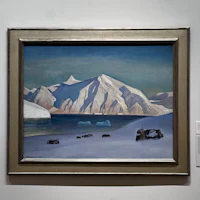a painting of a snowy landscape with icebergs in the background