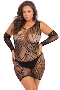 a plus size woman wearing a black fishnet bodysuit
