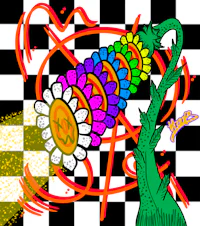 a colorful drawing of a flower on a checkered background