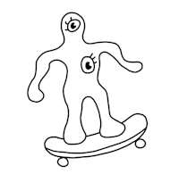 a black and white drawing of a man riding a skateboard