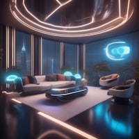 a futuristic living room with neon lights