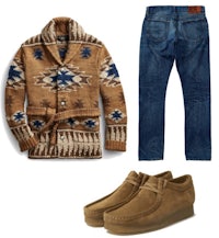 a man's outfit with a sweater, jeans and shoes
