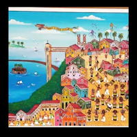 a painting of a town with people and a bridge