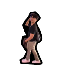 a man in a black shirt walking with a backpack