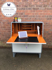 a desk with a laptop on top of it