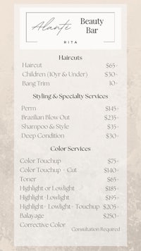 a beauty bar menu with prices on it