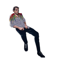 a man sitting on the ground with a colorful shirt