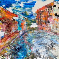 an abstract painting of a street scene