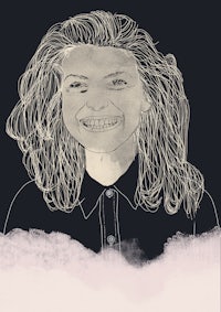 a black and white drawing of a woman with curly hair