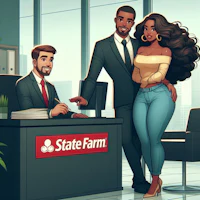 a cartoon illustration of a man and woman standing in front of a state farm office