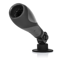 a black speaker on a stand with a white background