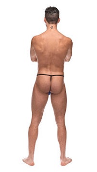 the back of a man wearing a black thong