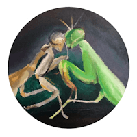 a painting of a praying mantis and a praying mantis