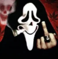a scream mask with a hand holding a cigarette