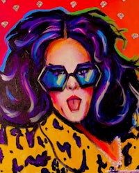 a painting of a woman wearing sunglasses and a leopard jacket