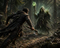 a man and a woman walking through a wooded area