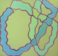 a painting with blue and green lines on a yellow background