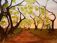 a painting of a dirt path through trees