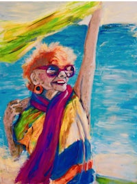 a painting of a woman wearing sunglasses and a scarf