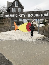 a person standing in front of a sign that says aquarium city