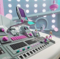 a room with a pink control panel and pink lights