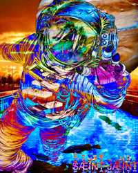 a colorful painting of an astronaut in space