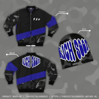 a black and blue bomber jacket with a hat and a beanie