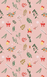 a pink christmas pattern with holly leaves and pine cones