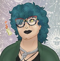 a cartoon of a woman with blue hair and glasses