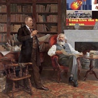 a painting of two men sitting in front of a bookcase