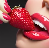 a woman is holding a strawberry in her mouth