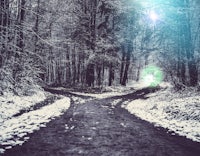 a snow covered path in the woods with a bright light shining on it